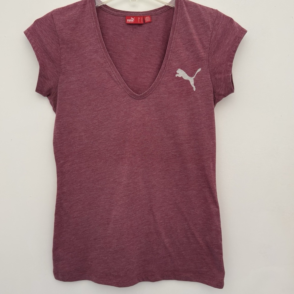VTG PUMA Shirt Juniors L Top Red Heathered Short Sleeve V Neck Pullover Y2K